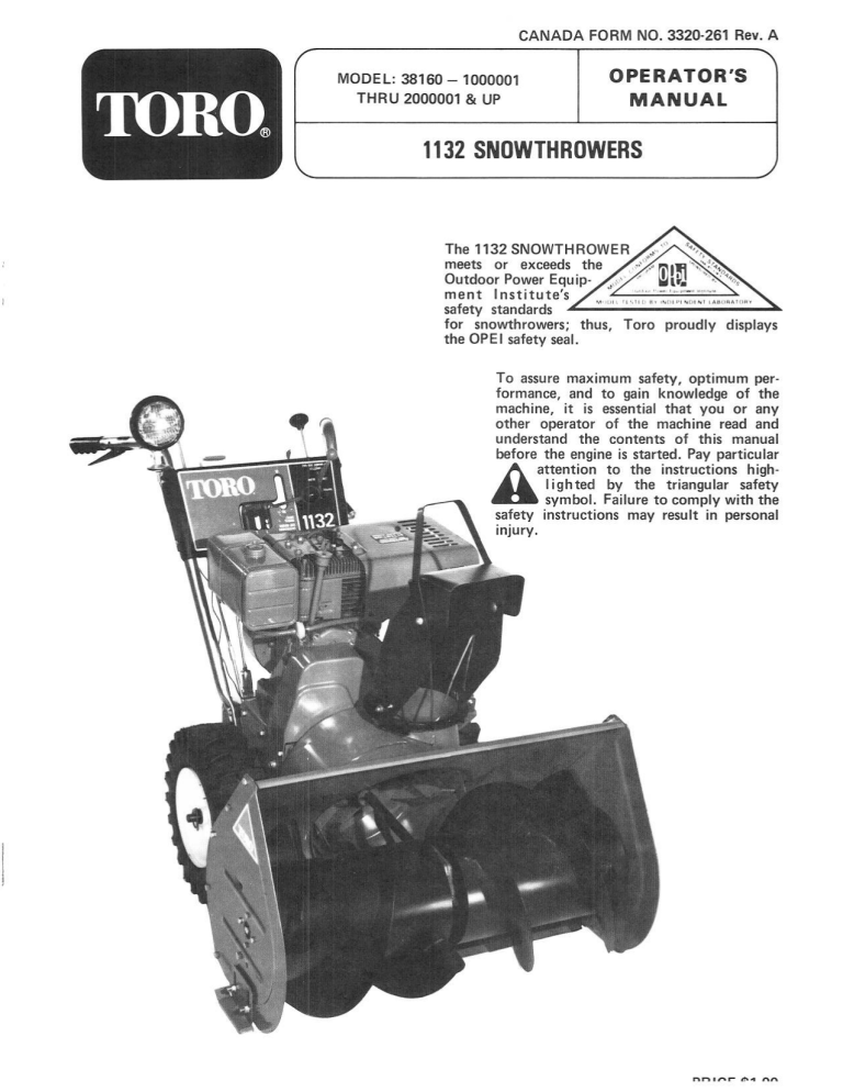 Toro 1132 Snowthrower User manual Toro 1132 Snowthrower User manual