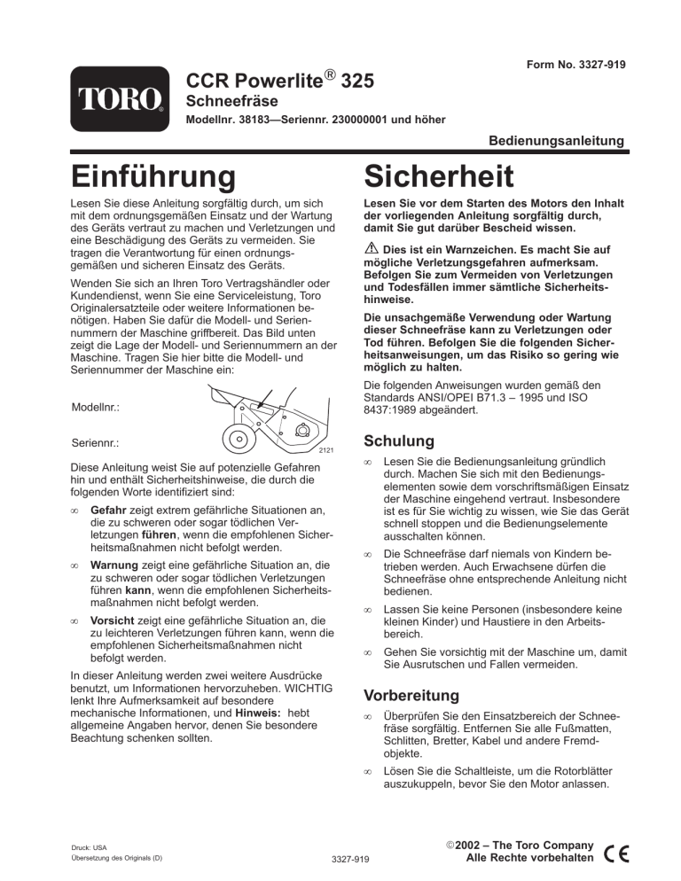 Toro CCR Powerlite Snowthrower User manual Toro CCR Powerlite Snowthrower User manual