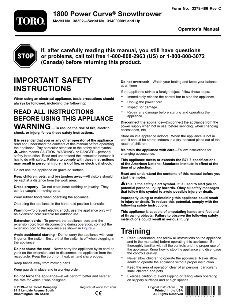 Toro 1800 Power Curve Snowthrower User manual Toro 1800 Power Curve Snowthrower User manual