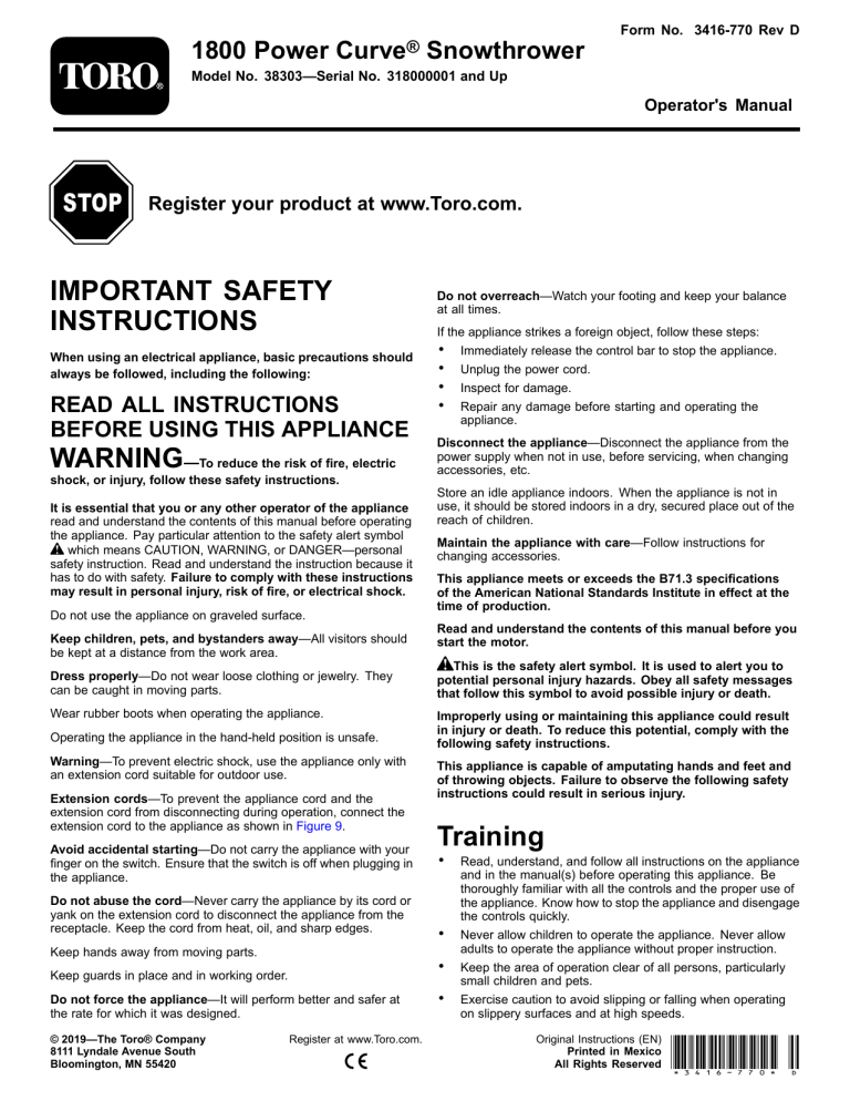 Toro 1800 Power Curve Snowthrower User manual Toro 1800 Power Curve Snowthrower User manual