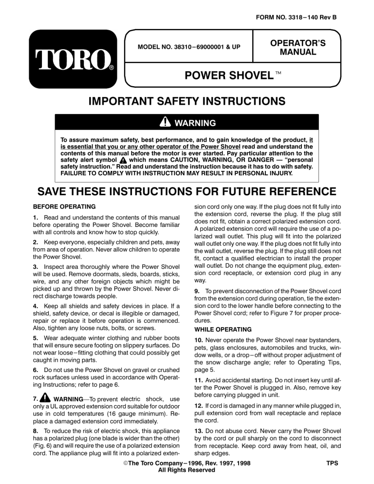 Toro Power Shovel Snowthrower User manual Toro Power Shovel Snowthrower User manual