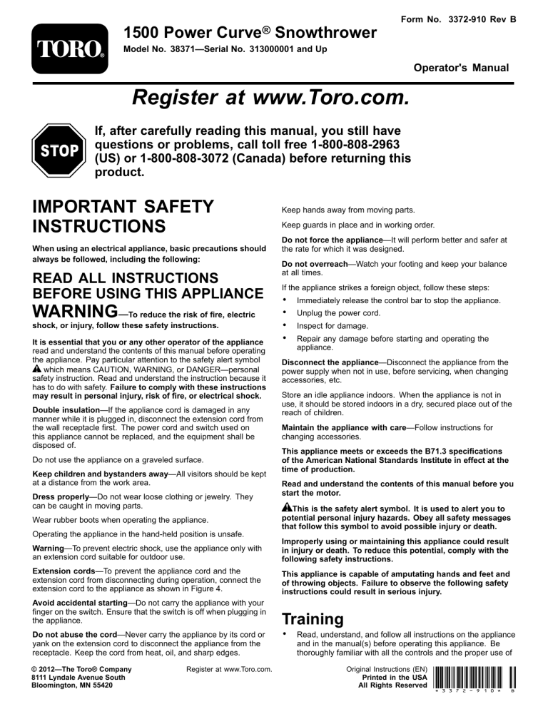 Toro 1500 Power Curve Snowthrower User manual Toro 1500 Power Curve Snowthrower User manual