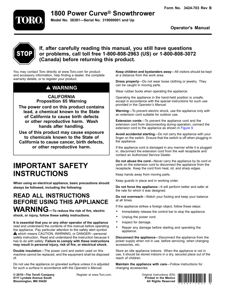 Toro 1800 Power Curve Snowthrower User manual Toro 1800 Power Curve Snowthrower User manual