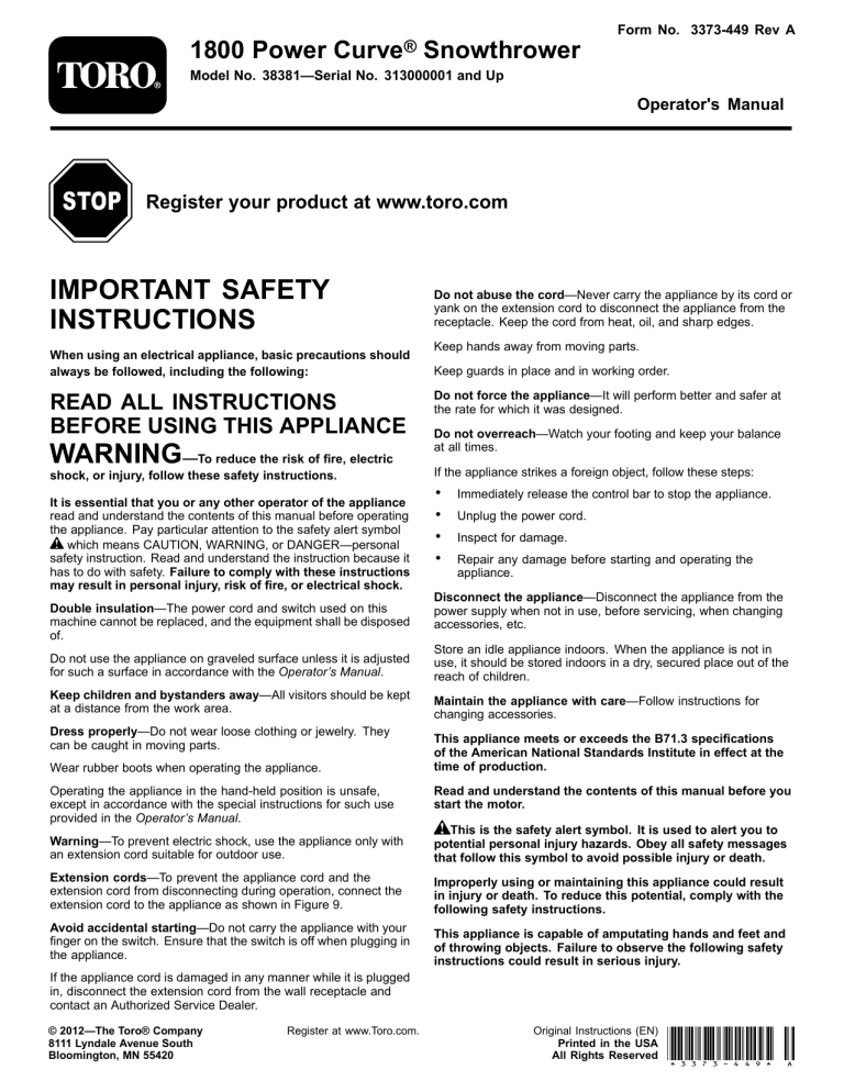 Toro 1800 Power Curve Snowthrower User manual Toro 1800 Power Curve Snowthrower User manual
