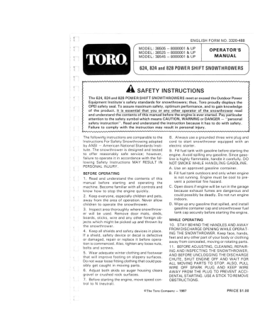 Toro 624 Power Shift Snowthrower, 828 Power Shift Snowthrower, 724 Power Shift Snowthrower User manual Toro 624 Power Shift Snowthrower, 828 Power Shift Snowthrower, 724 Power Shift Snowthrower User manual