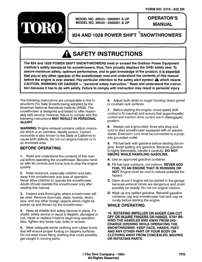 Toro 1028 Power Shift Snowthrower, 824 Power Shift Snowthrower User manual Toro 1028 Power Shift Snowthrower, 824 Power Shift Snowthrower User manual