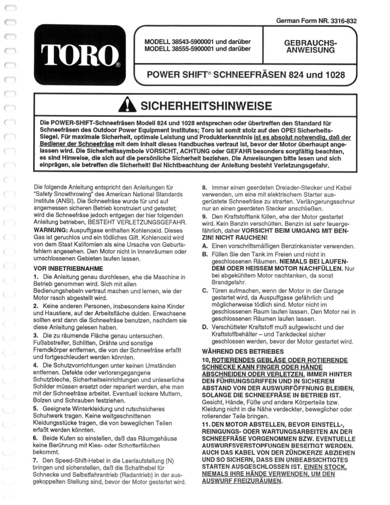Toro 1028 Power Shift Snowthrower, 824 Power Shift Snowthrower User manual Toro 1028 Power Shift Snowthrower, 824 Power Shift Snowthrower User manual