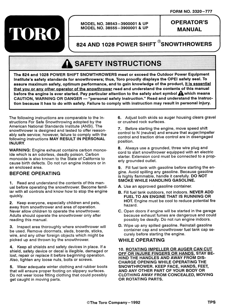 Toro 1028 Power Shift Snowthrower, 824 Power Shift Snowthrower User manual Toro 1028 Power Shift Snowthrower, 824 Power Shift Snowthrower User manual