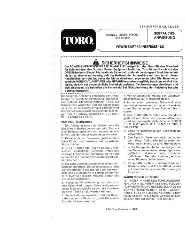Toro 1132 Power Shift Snowthrower User manual Toro 1132 Power Shift Snowthrower User manual