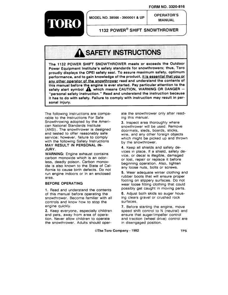 Toro 1132 Power Shift Snowthrower User manual Toro 1132 Power Shift Snowthrower User manual