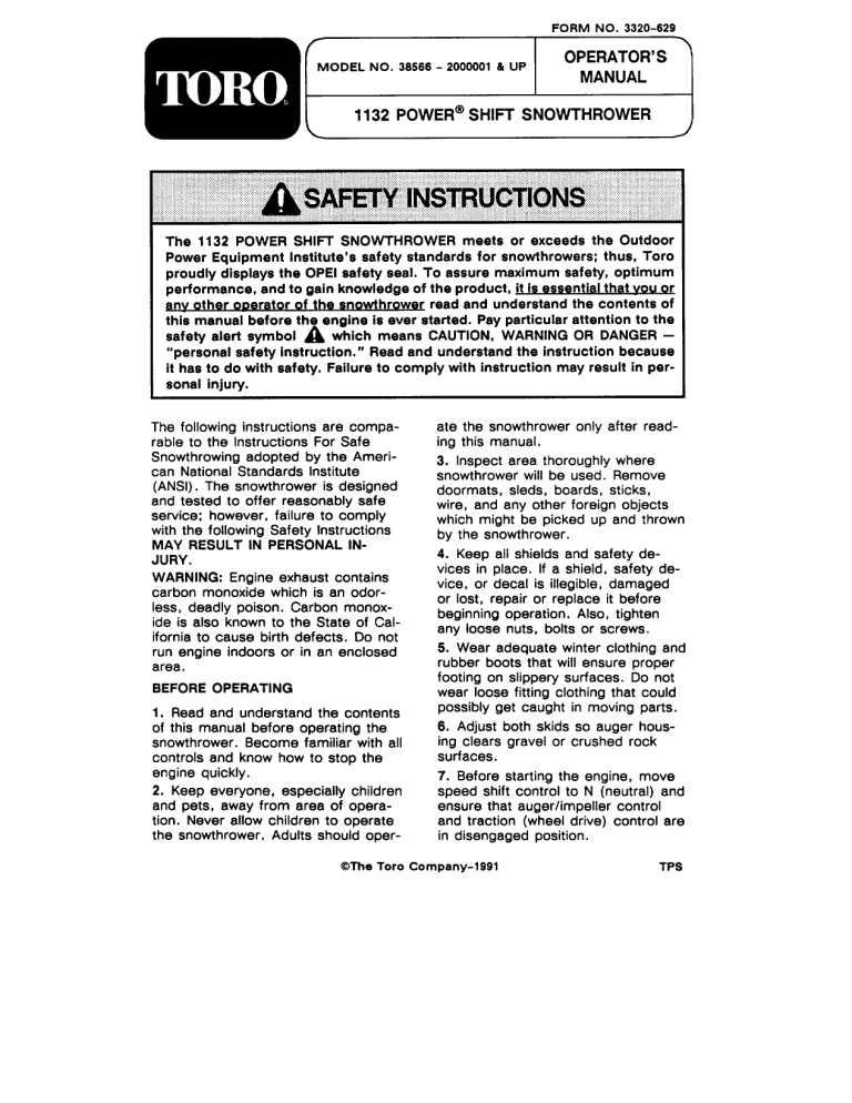 Toro 1132 Power Shift Snowthrower User manual Toro 1132 Power Shift Snowthrower User manual