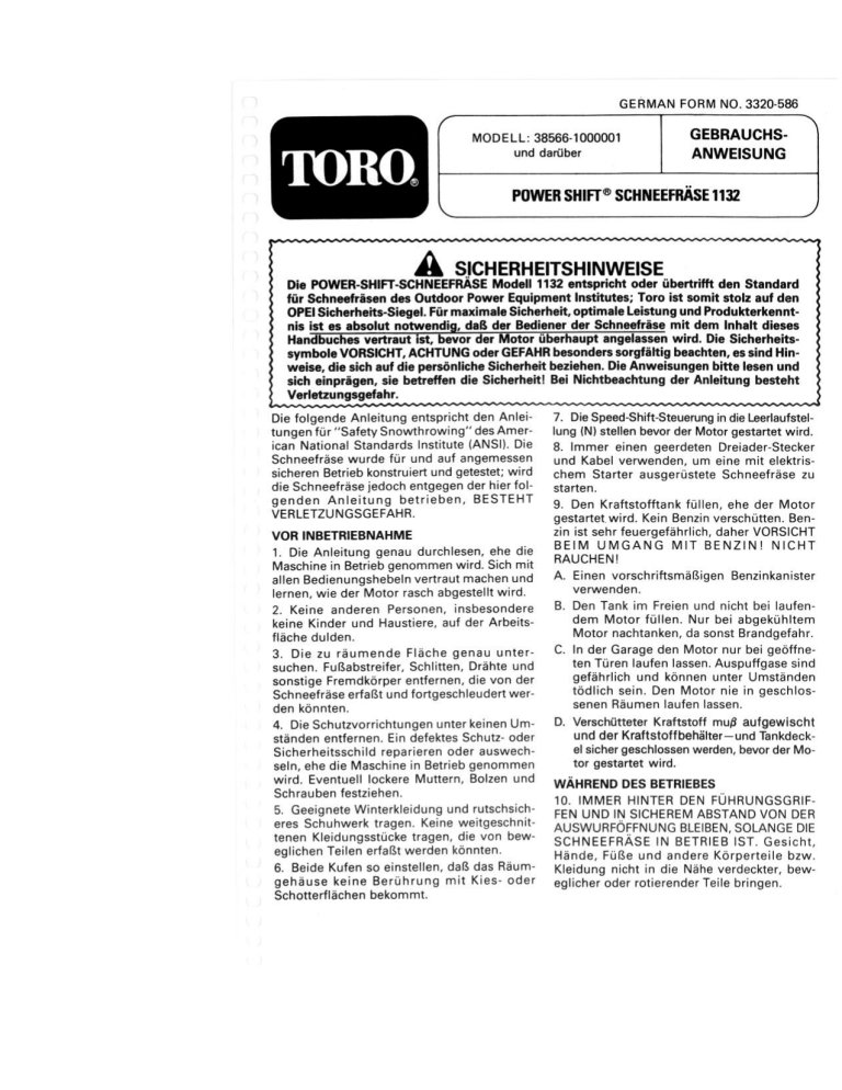 Toro 1132 Power Shift Snowthrower User manual Toro 1132 Power Shift Snowthrower User manual