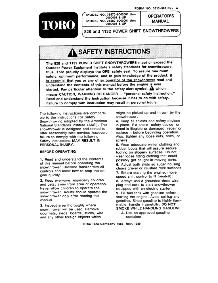 Toro 1132 Power Shift Snowthrower, 828 Power Shift Snowthrower User manual Toro 1132 Power Shift Snowthrower, 828 Power Shift Snowthrower User manual