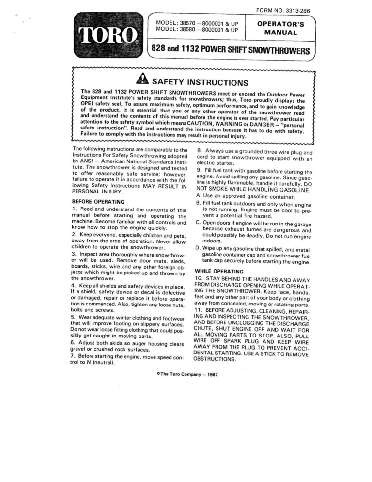 Toro 1132 Power Shift Snowthrower, 828 Power Shift Snowthrower User manual Toro 1132 Power Shift Snowthrower, 828 Power Shift Snowthrower User manual