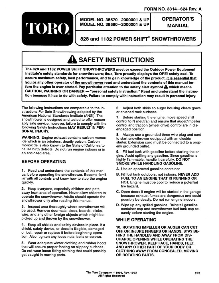 Toro 1132 Power Shift Snowthrower, 828 Power Shift Snowthrower User manual Toro 1132 Power Shift Snowthrower, 828 Power Shift Snowthrower User manual
