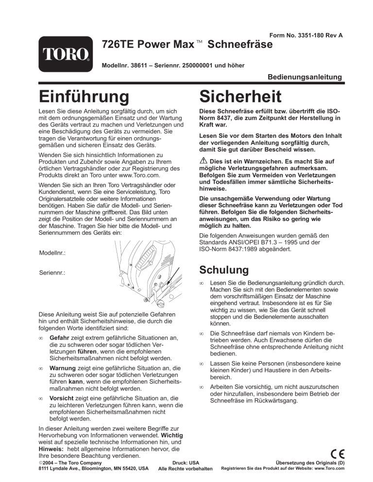 Toro Power Max 726 TE Snowthrower User manual Toro Power Max 726 TE Snowthrower User manual