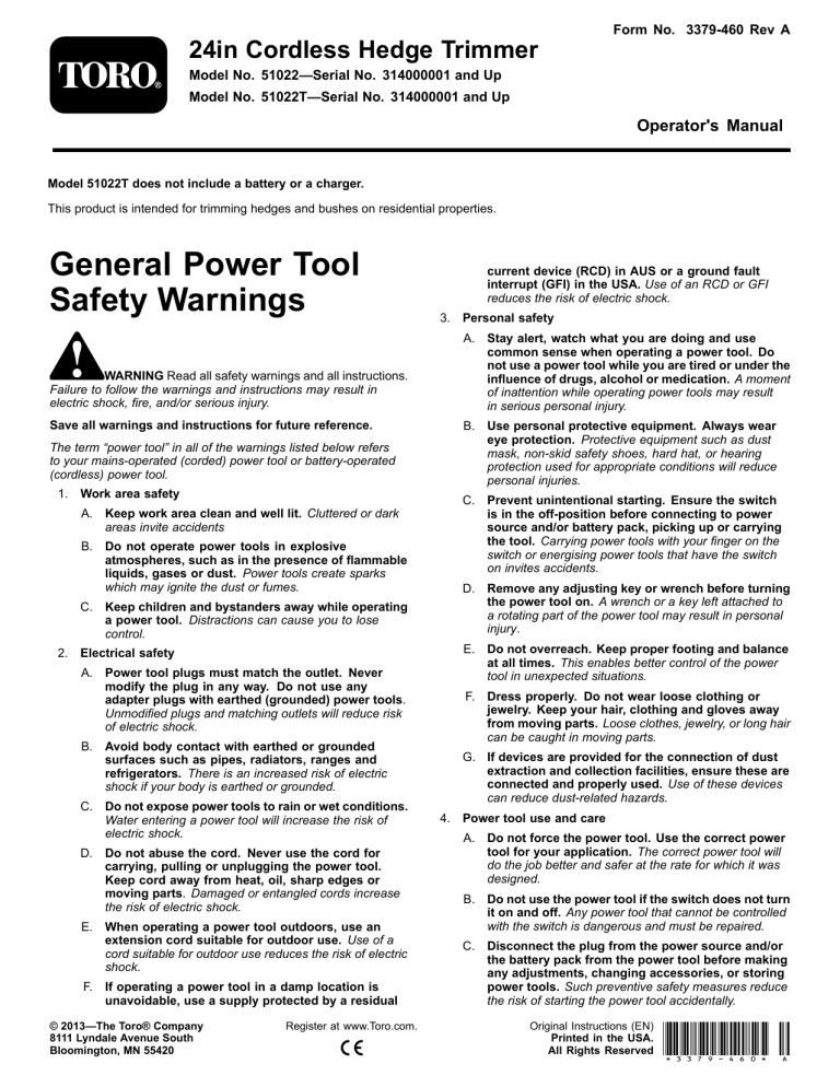 Toro 24in Cordless Hedge Trimmer User manual Toro 24in Cordless Hedge Trimmer User manual