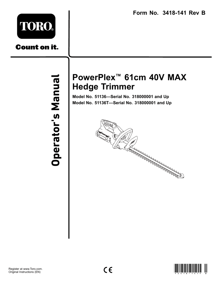 Toro PowerPlex 61cm 40V MAX Hedge Trimmer User manual Toro PowerPlex 61cm 40V MAX Hedge Trimmer User manual