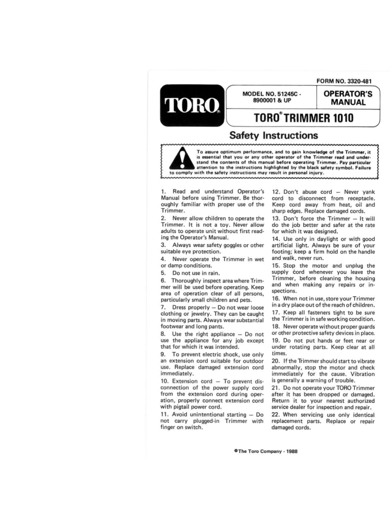 Toro 1010 Electric Trimmer User manual Toro 1010 Electric Trimmer User manual