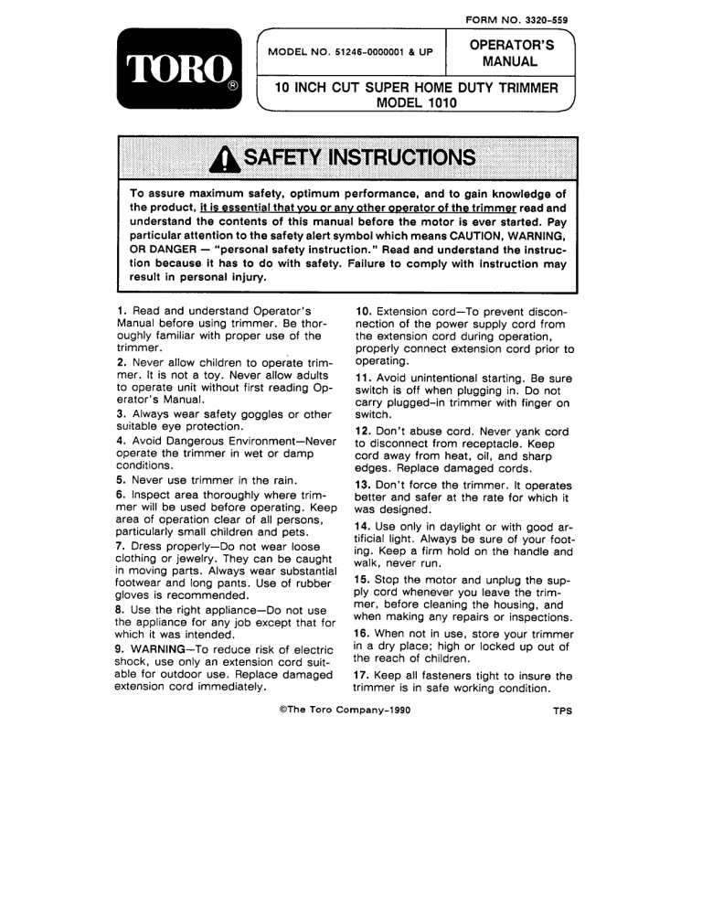 Toro 1010 Electric Trimmer User manual Toro 1010 Electric Trimmer User manual