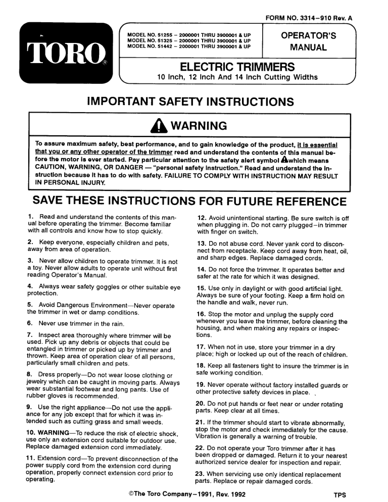 Toro 1100 Electric Trimmer, 1000 Electric Trimmer, 14 Toro 1100 Electric Trimmer, 1000 Electric Trimmer, 14