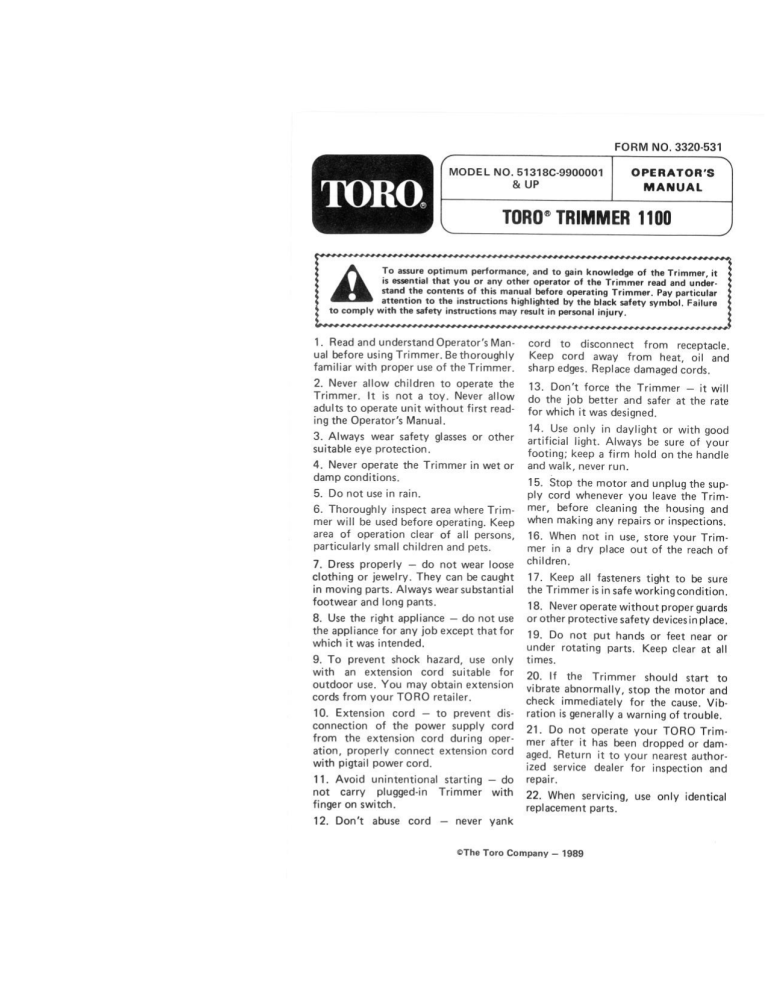 Toro 1100 Electric Trimmer User manual Toro 1100 Electric Trimmer User manual