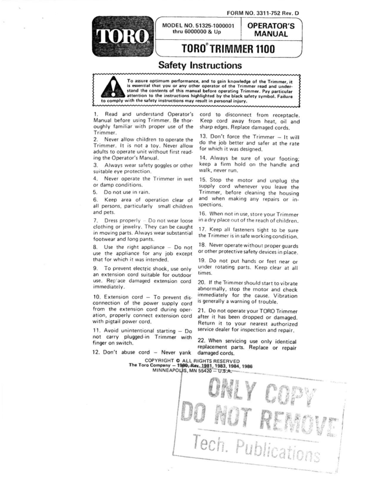 Toro 1100 Electric Trimmer User manual Toro 1100 Electric Trimmer User manual
