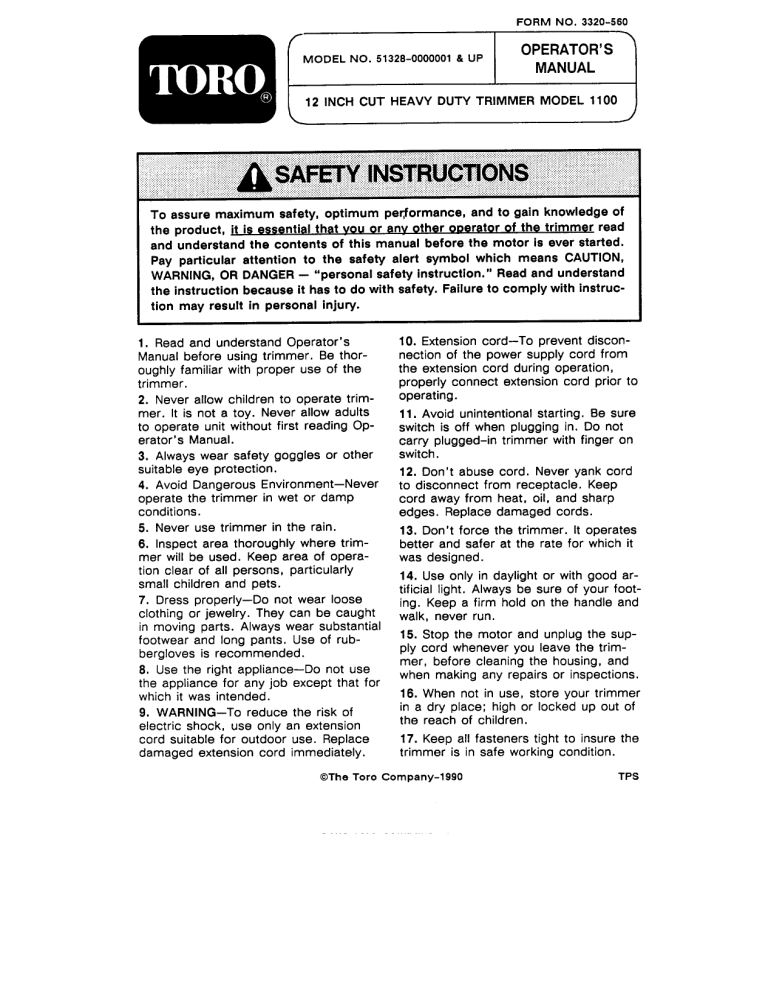 Toro 1100 Electric Trimmer User manual Toro 1100 Electric Trimmer User manual