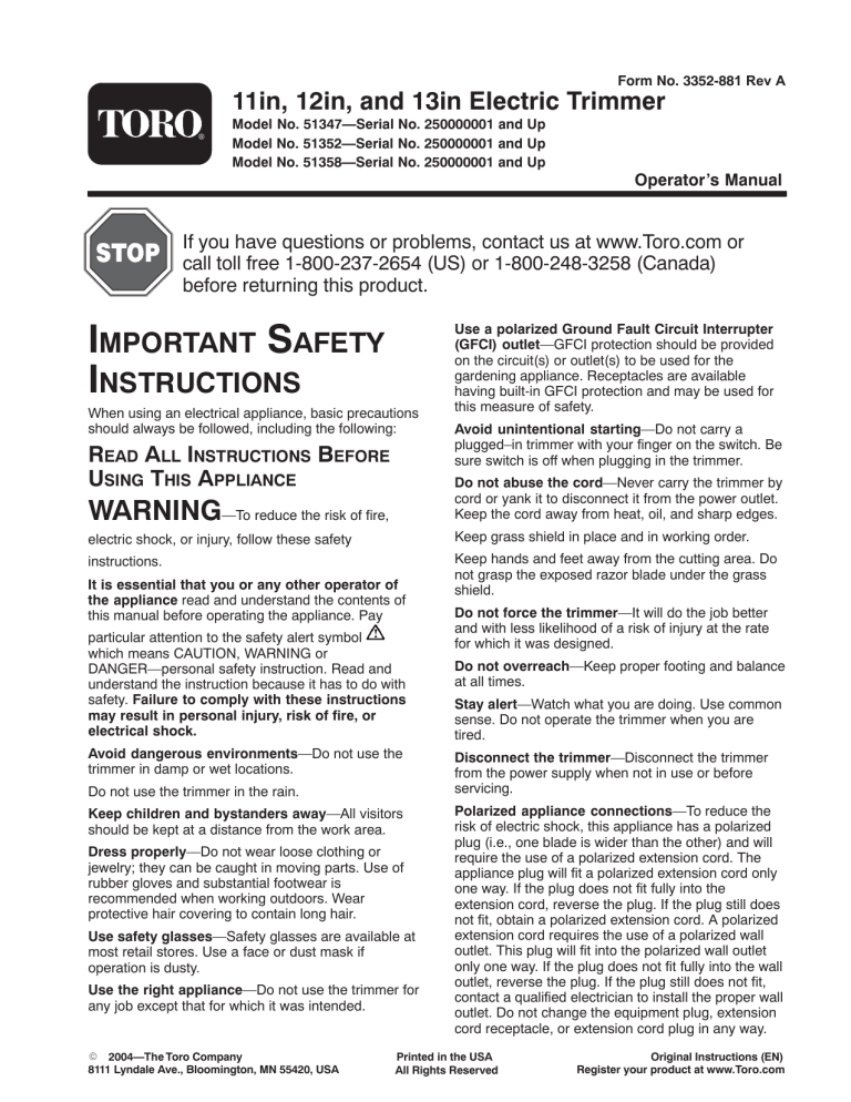 Toro 11in Trim and Edge Electric Trimmer User manual Toro 11in Trim and Edge Electric Trimmer User manual