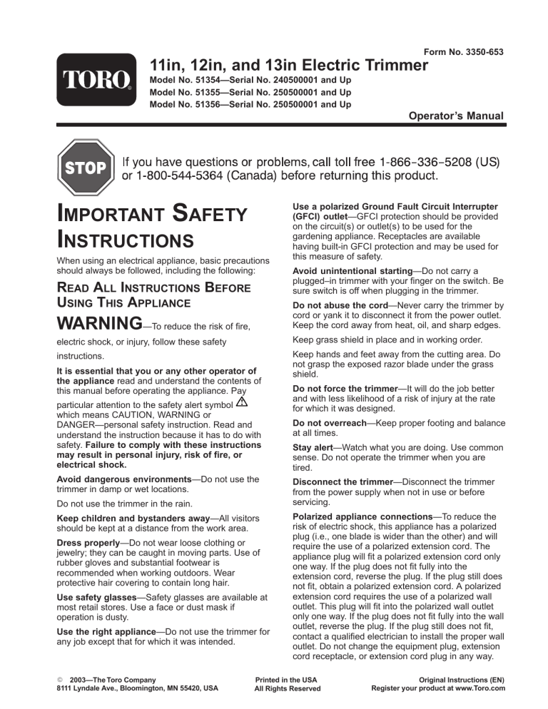 Toro 12in Electric Trimmer User manual Toro 12in Electric Trimmer User manual
