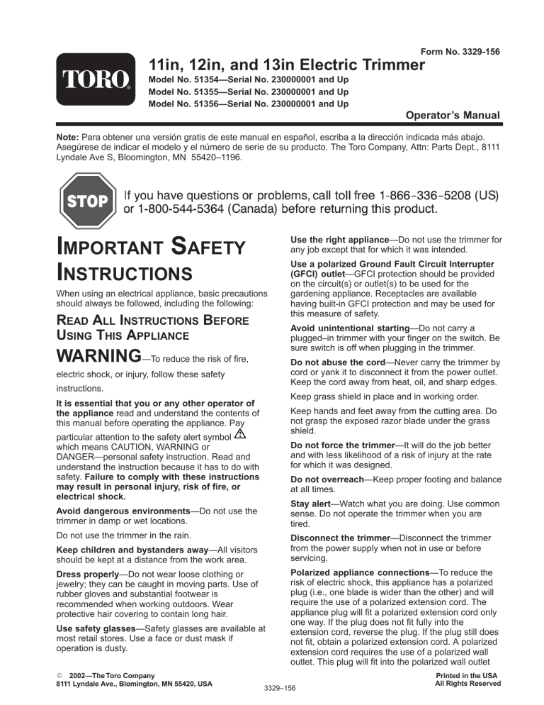Toro 12in Electric Trimmer User manual Toro 12in Electric Trimmer User manual