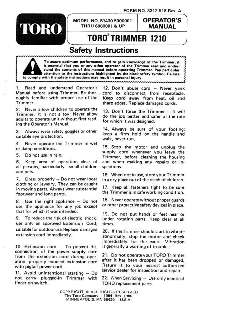 Toro 1210 Electric Trimmer User manual Toro 1210 Electric Trimmer User manual