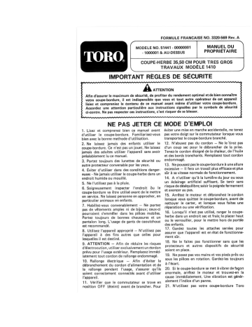 Toro 1410 Electric Trimmer User manual Toro 1410 Electric Trimmer User manual