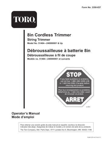 Toro 8in Cordless Trimmer User manual Toro 8in Cordless Trimmer User manual