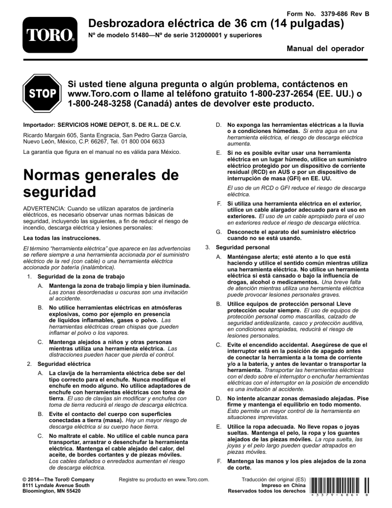 Toro 14in Electric Trimmer User manual Toro 14in Electric Trimmer User manual