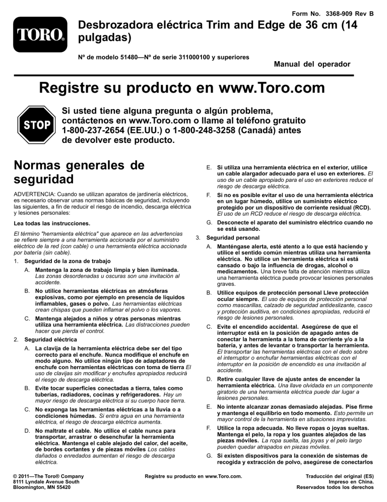 Toro 14in Electric Trimmer User manual Toro 14in Electric Trimmer User manual