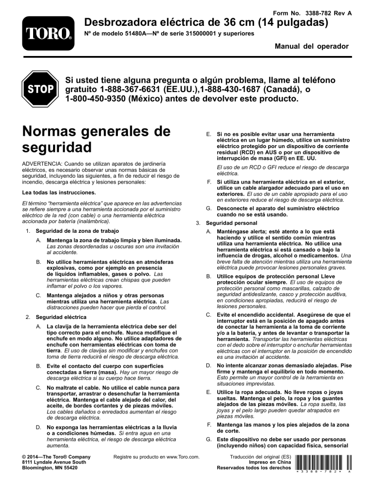 Toro 14in Electric Trimmer User manual Toro 14in Electric Trimmer User manual