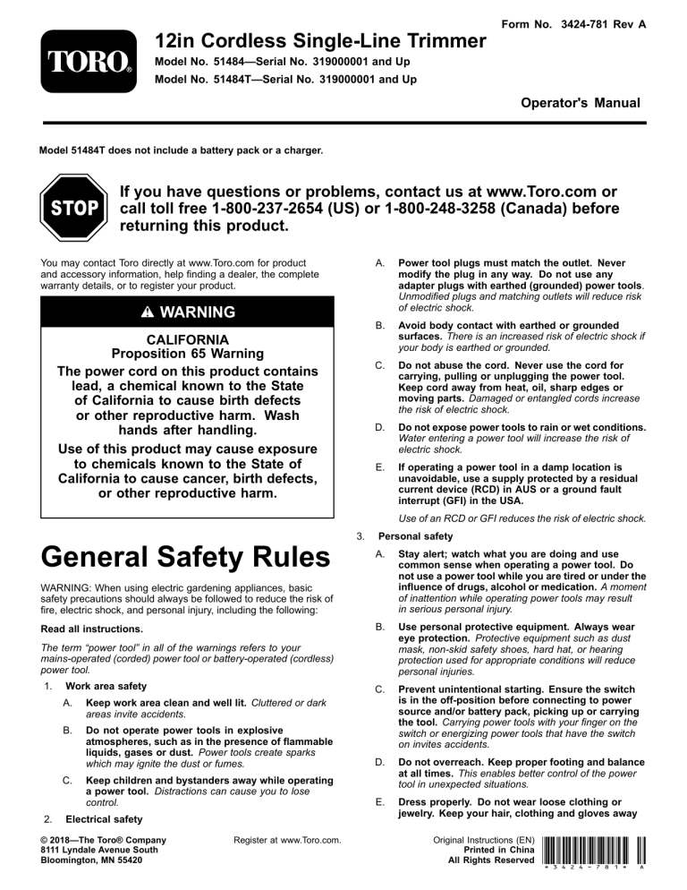 Toro 12in Cordless Single-Line Trimmer User manual Toro 12in Cordless Single-Line Trimmer User manual