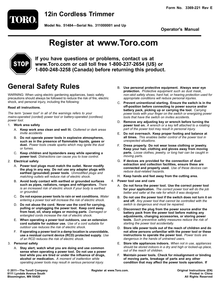 Toro 51484, 12in Cordless Single-Line Trimmer User manual Toro 51484, 12in Cordless Single-Line Trimmer User manual
