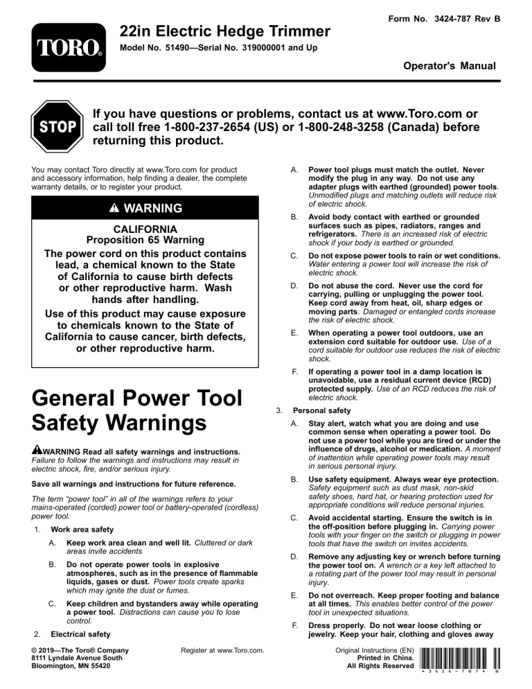 Toro 22in Electric Hedge Trimmer User manual Toro 22in Electric Hedge Trimmer User manual