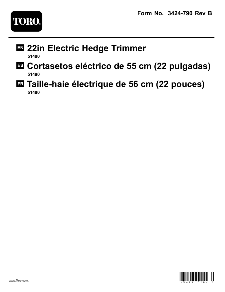 Toro 22in Electric Hedge Trimmer User manual Toro 22in Electric Hedge Trimmer User manual