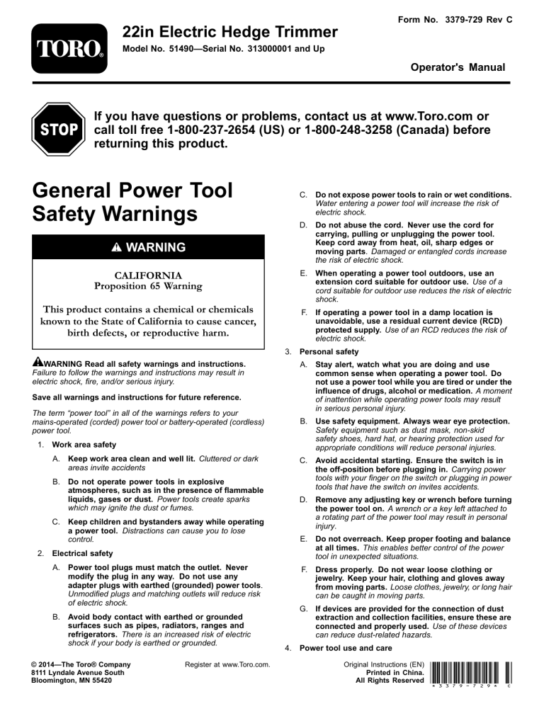 Toro 22in Electric Hedge Trimmer User manual Toro 22in Electric Hedge Trimmer User manual