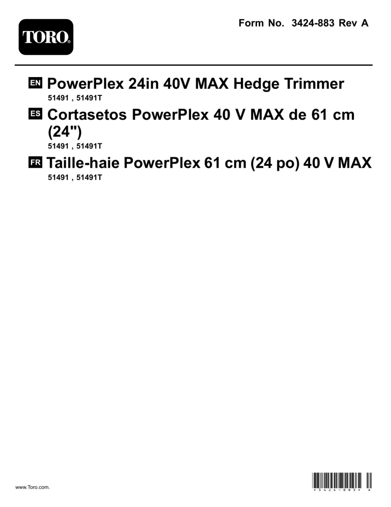 Toro PowerPlex 24in 40V MAX Hedge Trimmer User manual Toro PowerPlex 24in 40V MAX Hedge Trimmer User manual