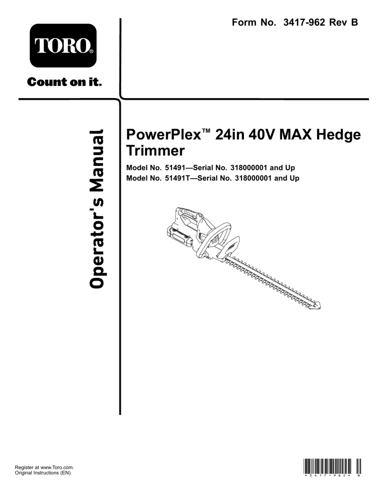 Toro PowerPlex 24in 40V MAX Hedge Trimmer User manual Toro PowerPlex 24in 40V MAX Hedge Trimmer User manual