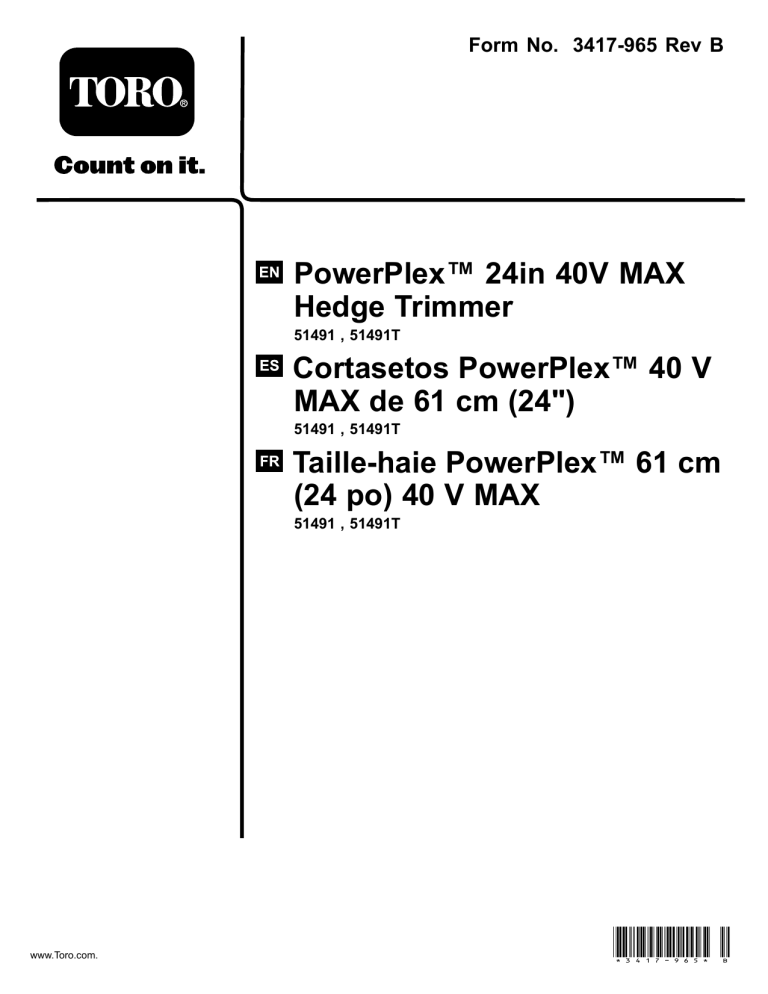 Toro PowerPlex 24in 40V MAX Hedge Trimmer User manual Toro PowerPlex 24in 40V MAX Hedge Trimmer User manual