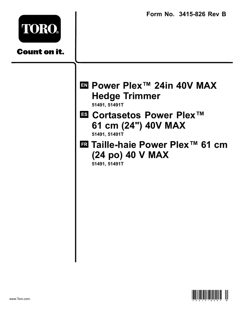 Toro PowerPlex 24in 40V MAX Hedge Trimmer User manual Toro PowerPlex 24in 40V MAX Hedge Trimmer User manual