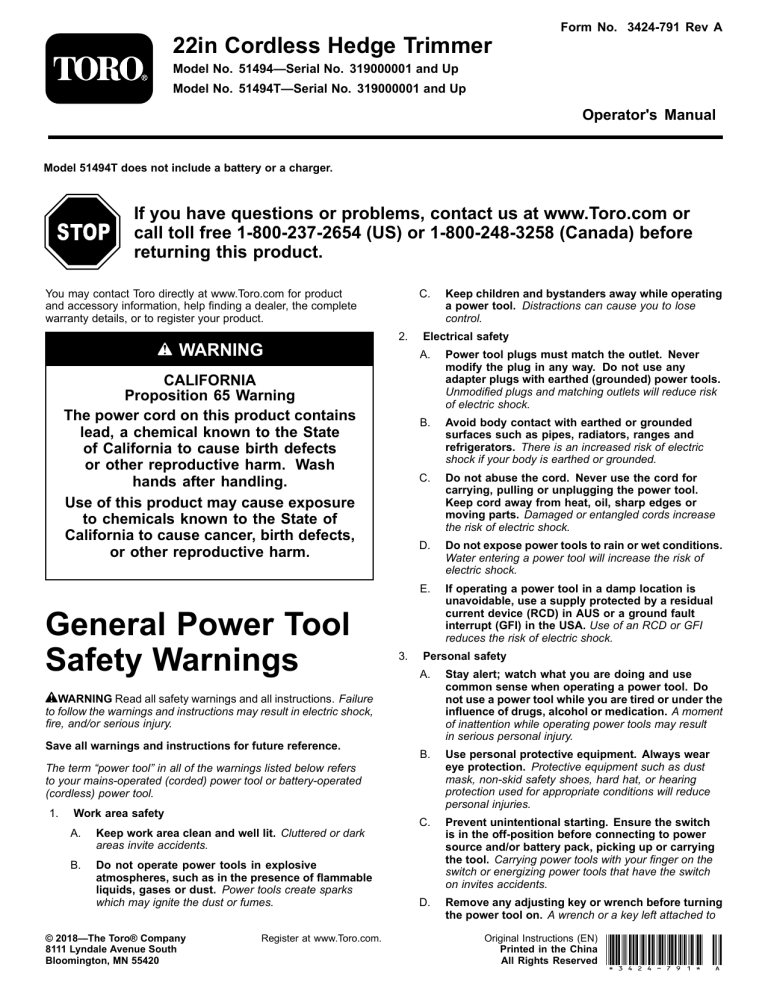 Toro 22in Cordless Hedge Trimmer User manual Toro 22in Cordless Hedge Trimmer User manual