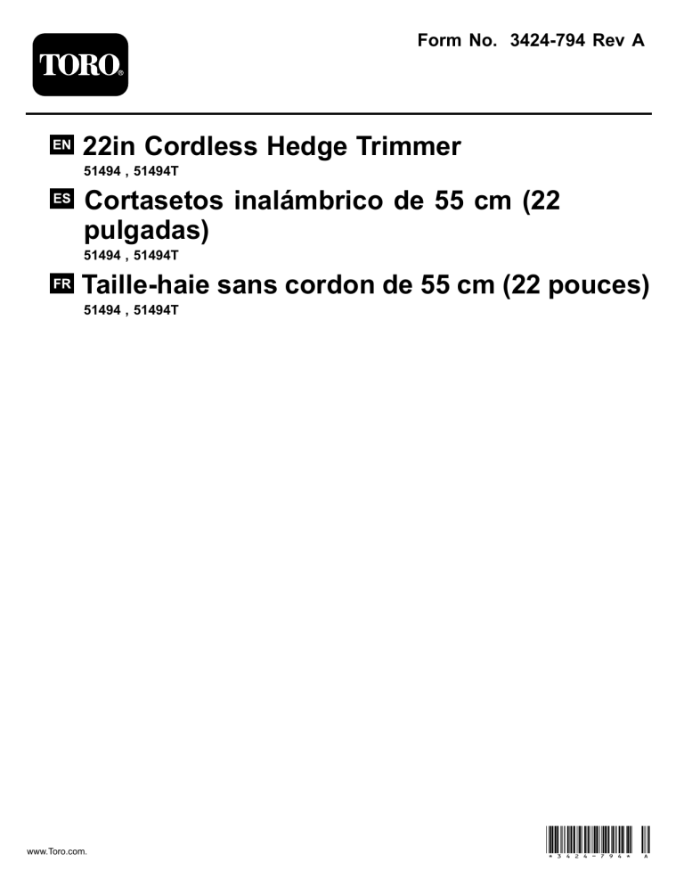 Toro 22in Cordless Hedge Trimmer User manual Toro 22in Cordless Hedge Trimmer User manual