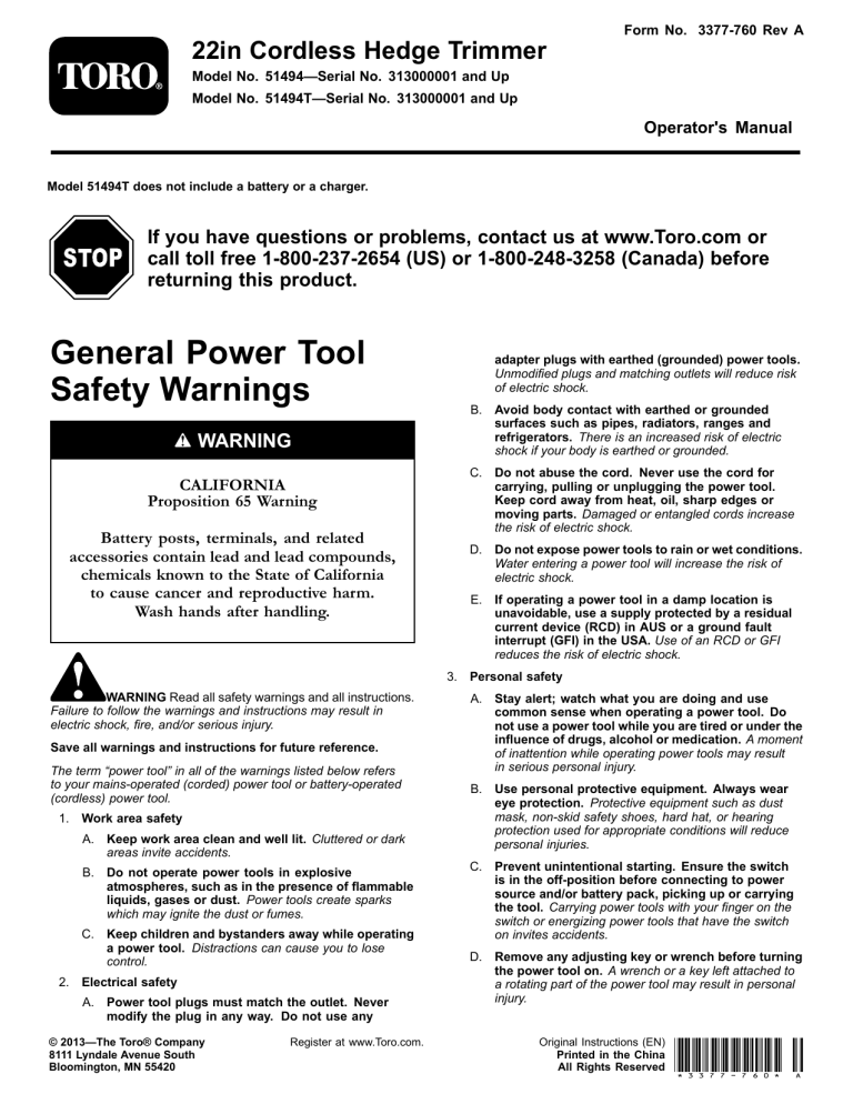 Toro 22in Cordless Hedge Trimmer User manual Toro 22in Cordless Hedge Trimmer User manual