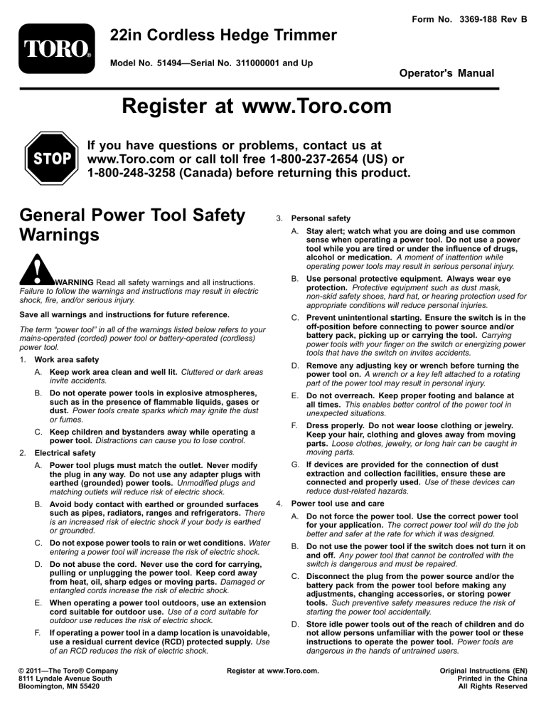 Toro 22in Cordless Hedge Trimmer User manual Toro 22in Cordless Hedge Trimmer User manual